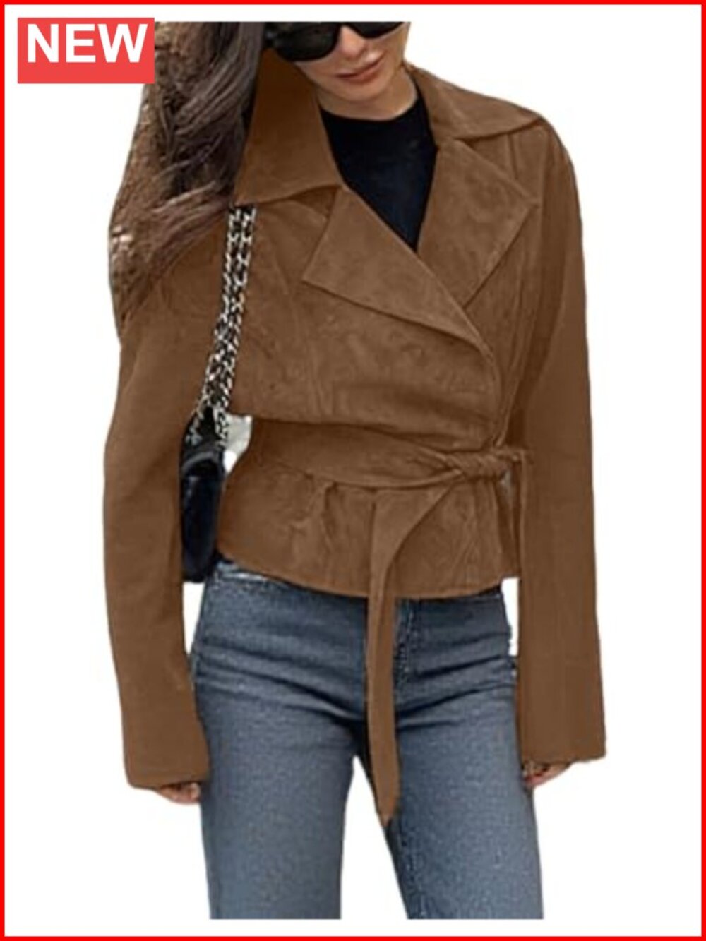 Faux Suede Leather Wrap Crop Jacket with Belt - Vegan Leather Coat
